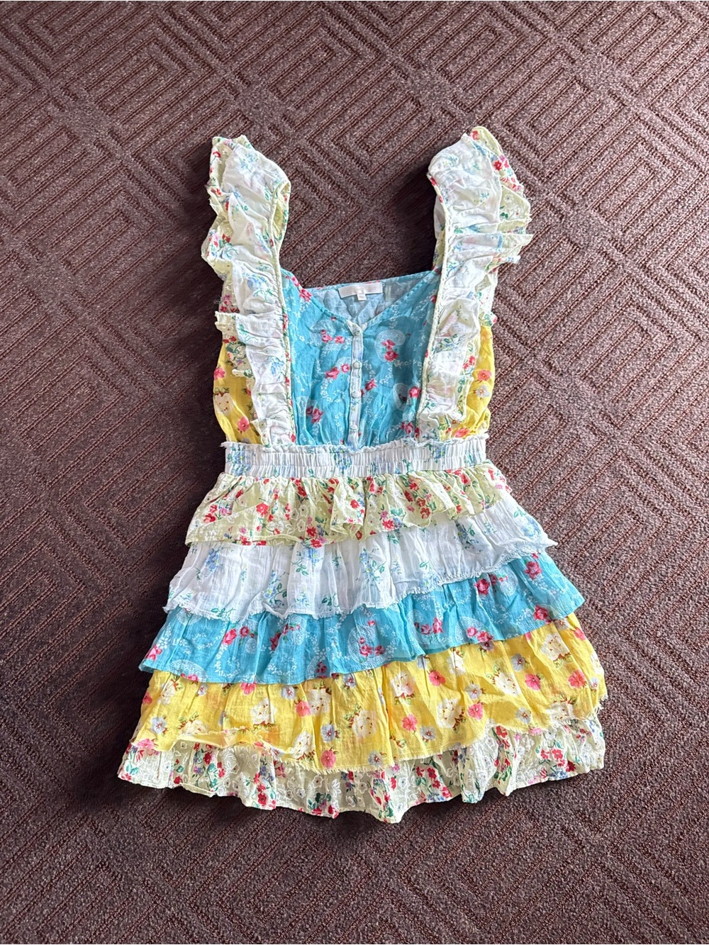 LoveShackFancy Floral Tiered Ruffle Sundress in Blue, Yellow, White